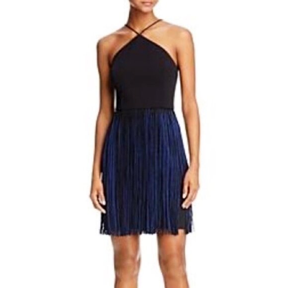 Aidan Mattox Black Blue Fringe Crepe Halter Cocktail Dress Size 4 - Picture 1 of 8
